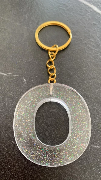 O Harfi Fosforlu Neon Yeşil Renk Parlak Simli Gold Aksesuarlı Anahtarlık El Yapımı Epoksi Hediyelik - Resim 8