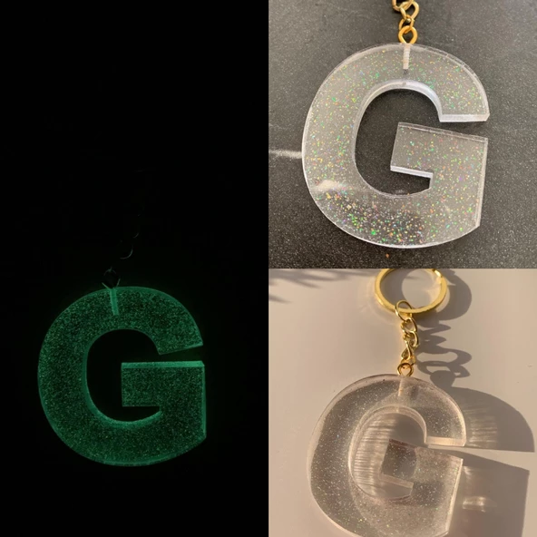 G Harfi Fosforlu Neon Yeşil Renk Parlak Simli Gold Aksesuarlı Anahtarlık El Yapımı Epoksi Hediyelik ürün görseli