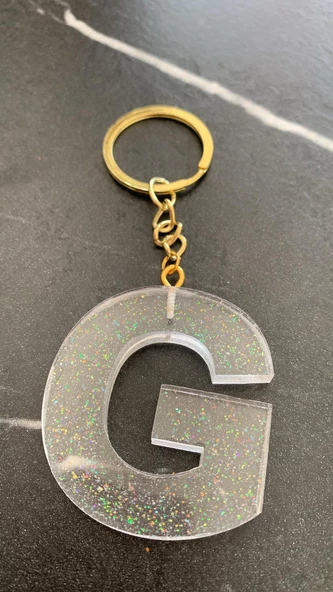G Harfi Fosforlu Neon Yeşil Renk Parlak Simli Gold Aksesuarlı Anahtarlık El Yapımı Epoksi Hediyelik - Resim 3