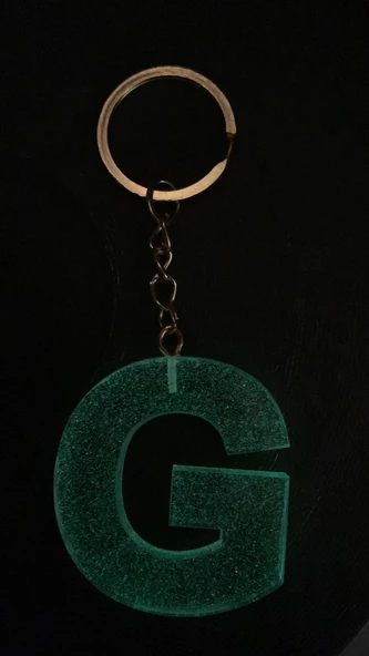 G Harfi Fosforlu Neon Yeşil Renk Parlak Simli Gold Aksesuarlı Anahtarlık El Yapımı Epoksi Hediyelik - Resim 4