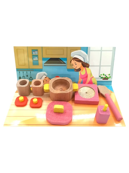 Minik Şeflerin Mutfağı: Ahşap Minyatür Tencereli Ocaklı Mutfak Seti!