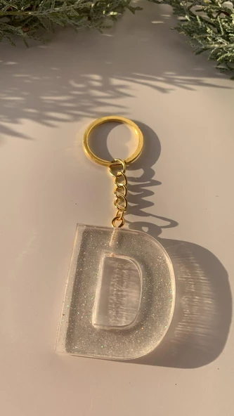D Harfi Fosforlu Neon Yeşil Renk Parlak Simli Gold Aksesuarlı Anahtarlık El Yapımı Epoksi Hediyelik - 8