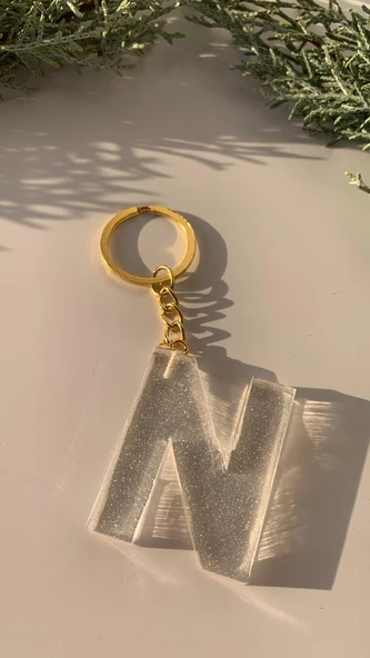 N Harfi Fosforlu Neon Yeşil Renk Parlak Simli Gold Aksesuarlı Anahtarlık El Yapımı Epoksi Hediyelik - Resim 5