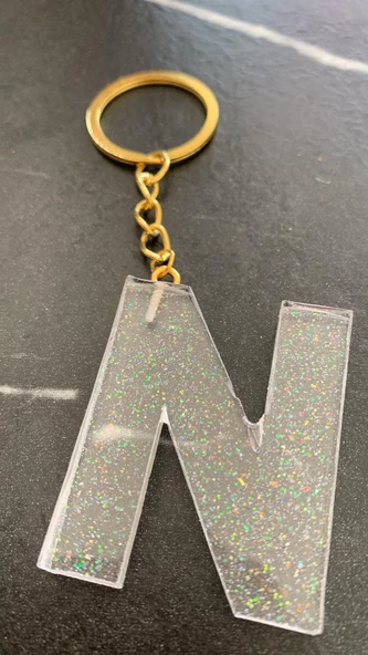 N Harfi Fosforlu Neon Yeşil Renk Parlak Simli Gold Aksesuarlı Anahtarlık El Yapımı Epoksi Hediyelik - Resim 6