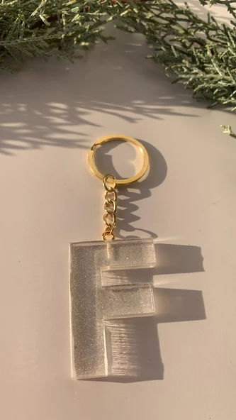 F Harfi Fosforlu Neon Yeşil Renk Parlak Simli Gold Aksesuarlı Anahtarlık El Yapımı Epoksi Hediyelik - 5