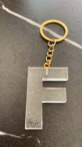 F Harfi Fosforlu Neon Yeşil Renk Parlak Simli Gold Aksesuarlı Anahtarlık El Yapımı Epoksi Hediyelik - 2