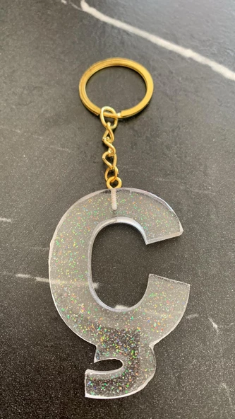 Ç Harfi Fosforlu Neon Yeşil Renk Parlak Simli Gold Aksesuarlı Anahtarlık El Yapımı Epoksi Hediyelik - 4