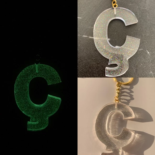 Ç Harfi Fosforlu Neon Yeşil Renk Parlak Simli Gold Aksesuarlı Anahtarlık El Yapımı Epoksi Hediyelik