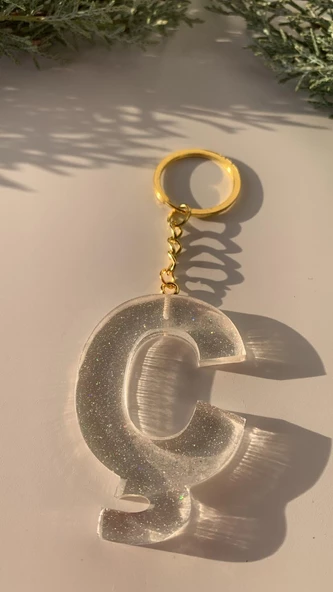Ç Harfi Fosforlu Neon Yeşil Renk Parlak Simli Gold Aksesuarlı Anahtarlık El Yapımı Epoksi Hediyelik - 6