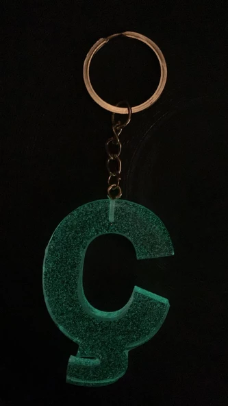 Ç Harfi Fosforlu Neon Yeşil Renk Parlak Simli Gold Aksesuarlı Anahtarlık El Yapımı Epoksi Hediyelik - 8