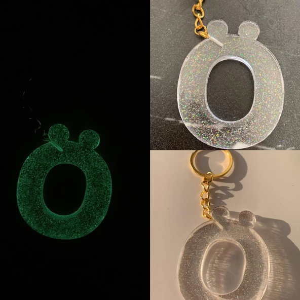 Ö Harfi Fosforlu Neon Yeşil Renk Parlak Simli Gold Aksesuarlı Anahtarlık El Yapımı Epoksi Hediyelik