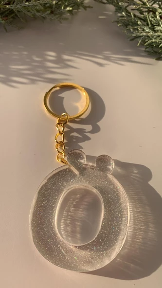 Ö Harfi Fosforlu Neon Yeşil Renk Parlak Simli Gold Aksesuarlı Anahtarlık El Yapımı Epoksi Hediyelik - 3