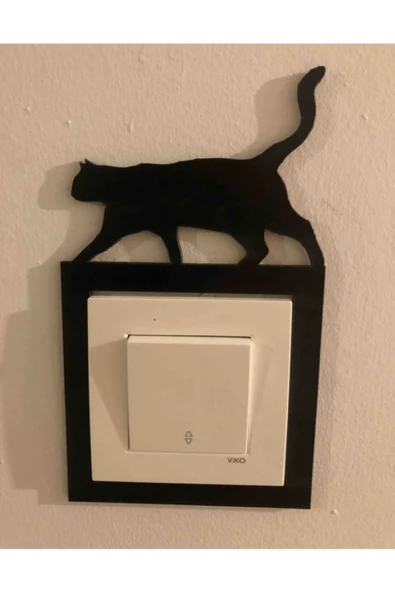 Dekoratif Ahşap Kedi Desenli Prizlik Duvar Süsü - 2