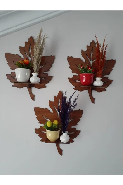 Dekoratif Ahşap Duvar Süsü Yaprak Desenli Raf