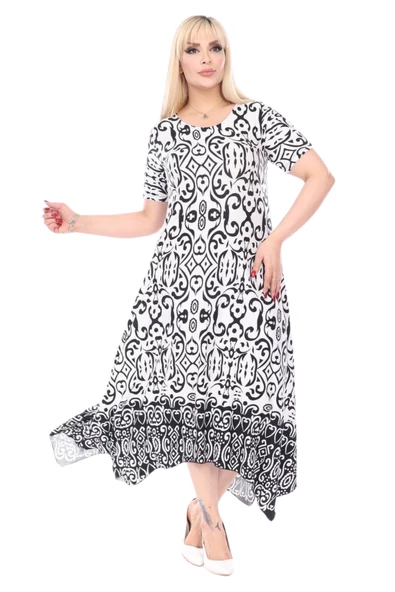 Melsay Butik Siyah Beyaz Kilim Desen Asimetrik Kısa Kollu Elbise - 1