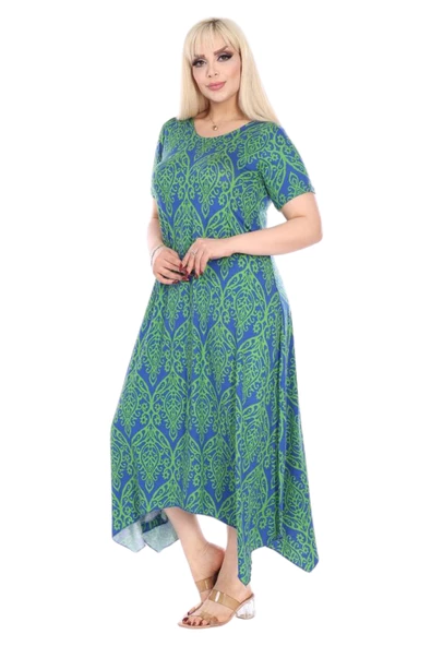 Melsay Butik Yeşil Dantel Desen Asimetrik Kısa Kollu Elbise ürün görseli