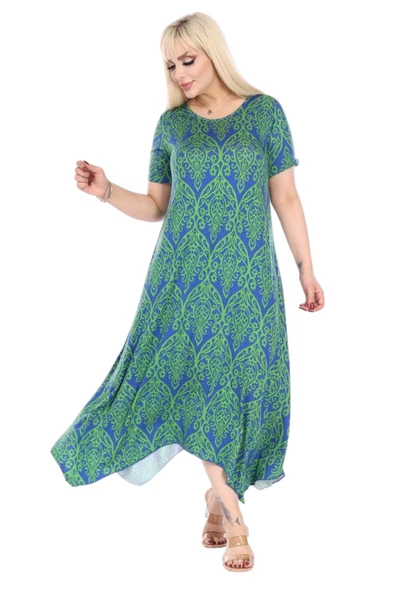 Melsay Butik Yeşil Dantel Desen Asimetrik Kısa Kollu Elbise - Resim 2