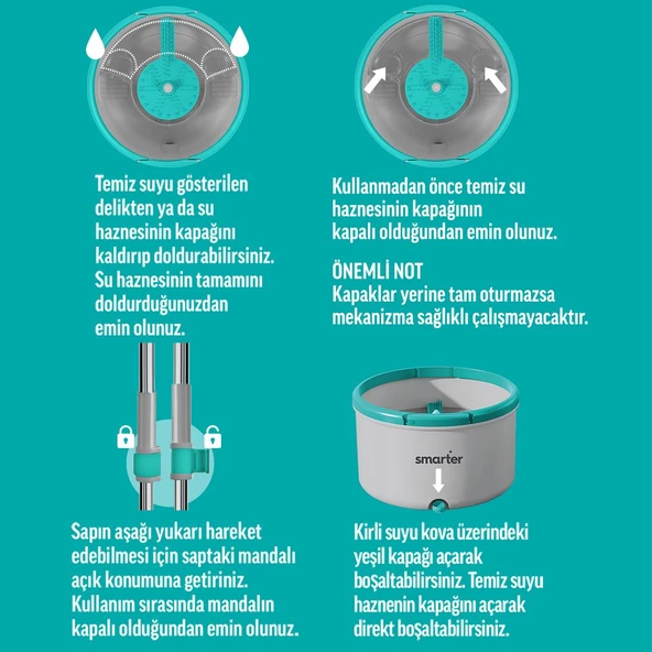 SMARTER AQUA FLAT TEMİZ VE KİRLİ SUYU AYIRMA ÖZELLİĞİ OTOMATİK TEMİZLİK SETİ TABLET MOP PASPAS - 5