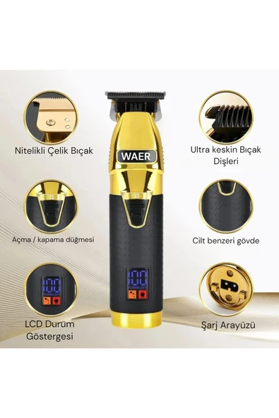 Profesyonel Dijital Ekranlı Cilde Zararsız Saç Sakal Tıraş Makinesi Şarj Göstergeli - 9