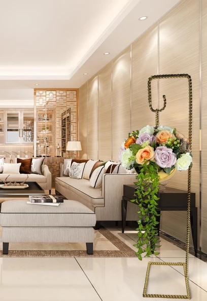 Nettenevime Yapay Çiçek Aranjmanı Burgulu Ferforje Askıda Gold Metal Vazolu Arajman - Resim 7