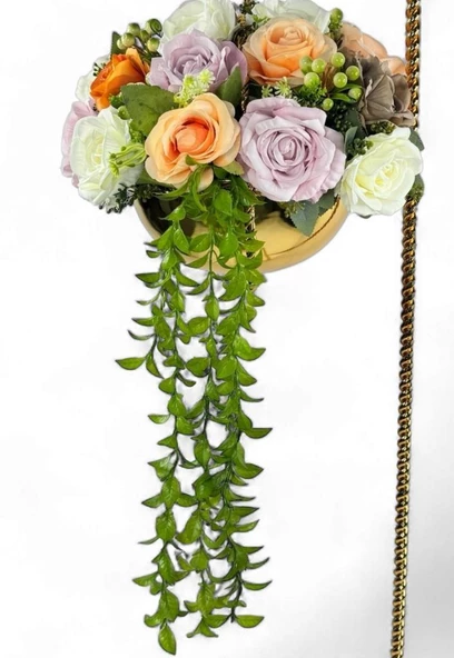 Nettenevime Yapay Çiçek Aranjmanı Burgulu Ferforje Askıda Gold Metal Vazolu Arajman - Resim 8