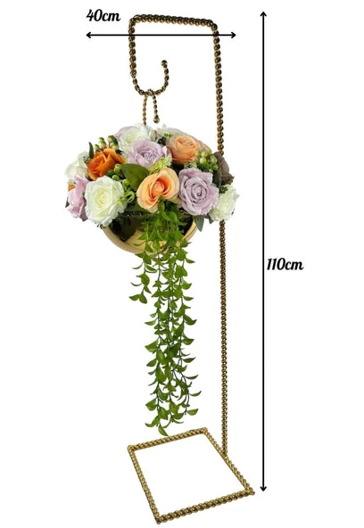 Nettenevime Yapay Çiçek Aranjmanı Burgulu Ferforje Askıda Gold Metal Vazolu Arajman - Resim 2