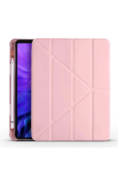 iPad Air 10.9 2022 (5.Nesil) ile Uyumlu Kılıf Tri Folding Kalem Bölmeli Standlı -Rose Gold