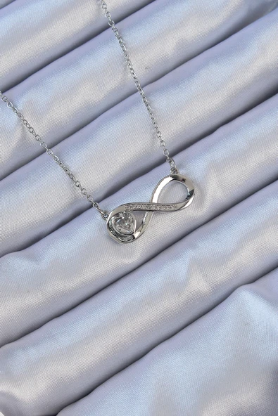 316L Çelik Zincir Gümüş Renk Zirkon Taşlı Minimal Kalp Figür Sonsuzluk Kolye - TJ-BKO9110 ürün görseli