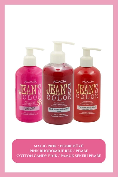 jeans color Amonyaksız Pembe Büyü + Pembe + Pamuk Şekeri Pembe Renkli Saç Boyası Seti 250 ML