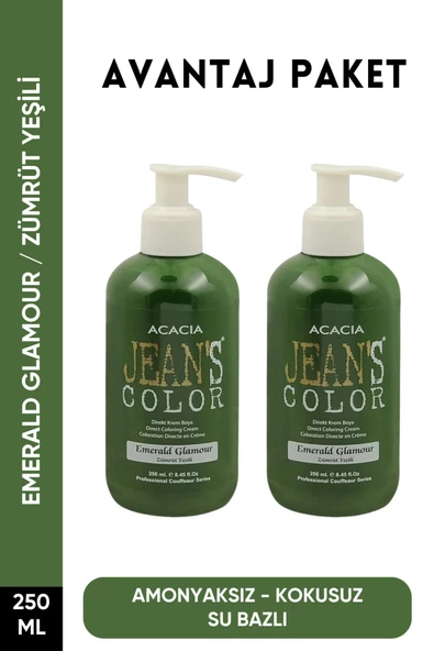 jeans color Amonyaksız Zümrüt Yeşili Renkli Saç Boyası 250 Ml x2 Adet Kokusuz Su Bazlı Emerald Glamour Hair Dye