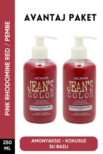 jeans color Amonyaksız Pembe Renkli Saç Boyası 250 Ml x2 Adet Kokusuz Su Bazlı Pink Rhodomine Red Hair Dye