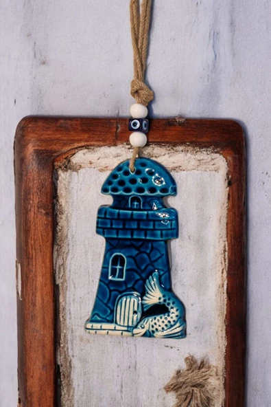 Revard Home Nazar Boncuklu Seramik Deniz Feneri Desenli Büyük Balık Dekoratifli Çok Amaçlı Süs Eşyası 11X20 CM - 2