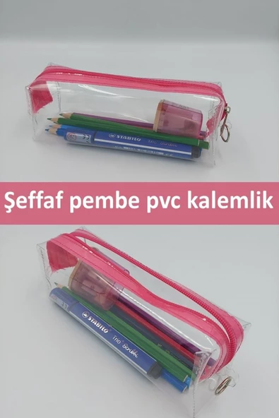 çamdertekstil Şeffaf Pvc Kalem Kutusu Tek Bölmeli Şeffaf Kalemlik Pembe Kalemlik