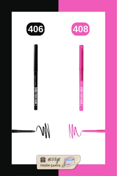 Show by Pastel Show Your Game Waterproof Gel Eye Pencil Set - Jel Göz Kalemi 406 + 408 + Togin Çanta