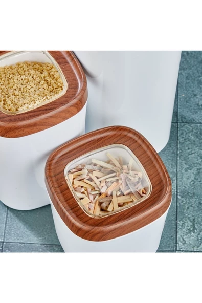 Mugiss Saklama Kabı Ahşap Kaplama Kapak Beyaz Renkli Hazne 3'lü Set 1800ml 1000ml 600ml - 5