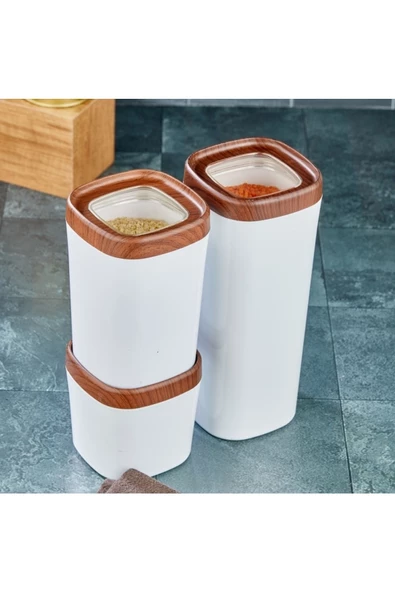 Mugiss Saklama Kabı Ahşap Kaplama Kapak Beyaz Renkli Hazne 3'lü Set 1800ml 1000ml 600ml - 4