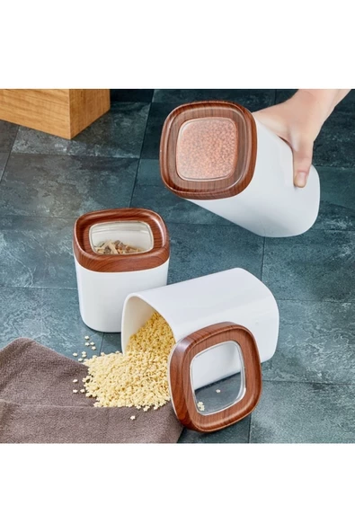 Mugiss Saklama Kabı Ahşap Kaplama Kapak Beyaz Renkli Hazne 3'lü Set 1800ml 1000ml 600ml - 2