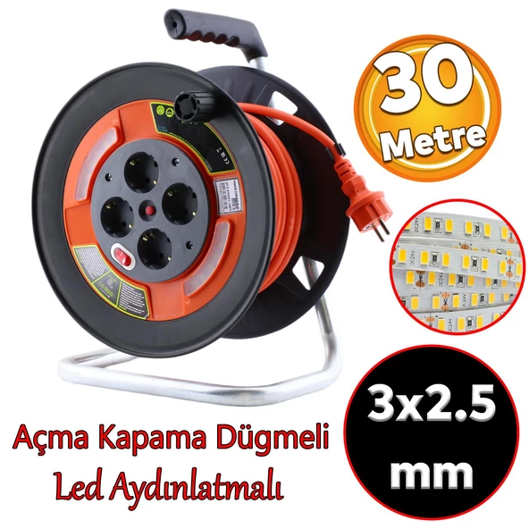 Plastik Makaralı Seyyar CCA Kablo 4 Prizli Monofaze Uzatma Kablosu 3x2.5 mm TTR Kablo 30 Metre