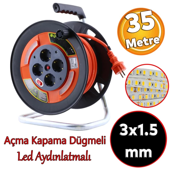 Plastik Makaralı Seyyar CCA Kablo 4 Prizli Monofaze Uzatma Kablosu 3x1.5 mm TTR Kablo 35 Metre