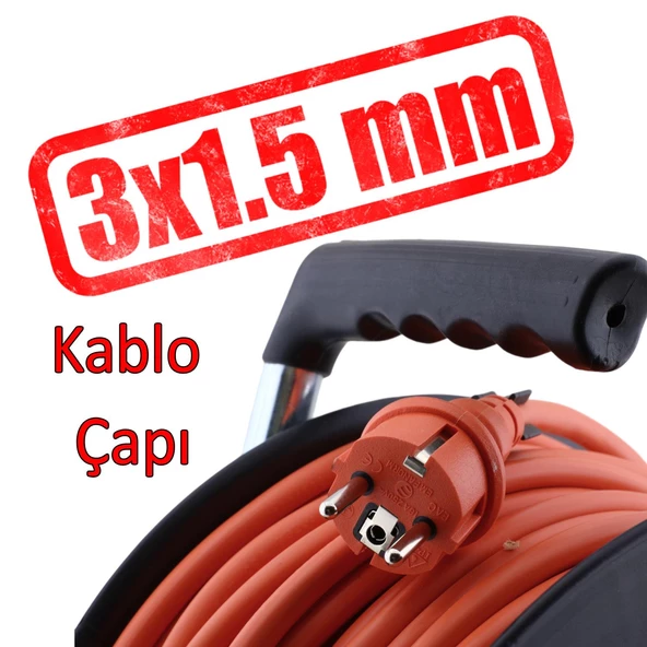 Plastik Makaralı Seyyar CCA Kablo 4 Prizli Monofaze Uzatma Kablosu 3x1.5 mm TTR Kablo 35 Metre - 4