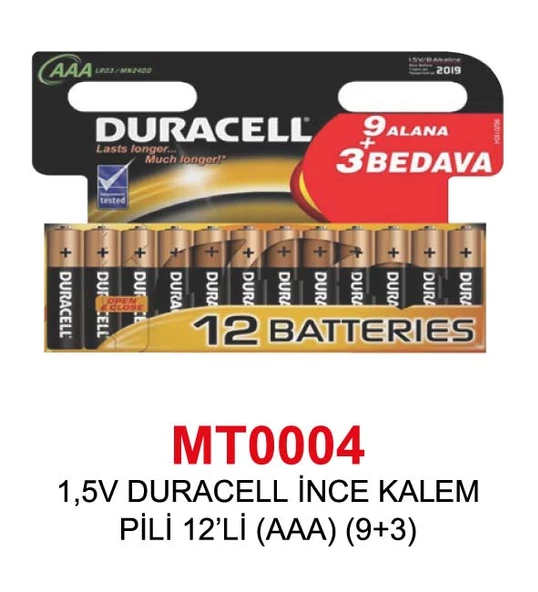 1,5V DURACELL İNCE KALEM PİLİ 12’Lİ (AAA) (9+3)