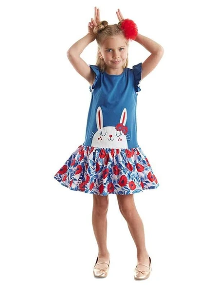 Denokids Kız Çocuk Süslü Tavşan Çiçekli Elbise CFF-24Y1-083