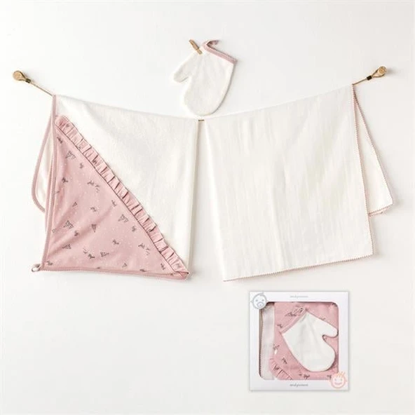 Andywawa Kız Bebek Towel Muslin Set Puppy Gazelle 3'lü Havlu Takım Pembe AC25045