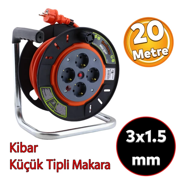 Plastik Küçük Makaralı Seyyar CCA Kablo 4 Priz Monofaze Uzatma Kablosu 3x1.5 mm TTR Kablo 20 Metre