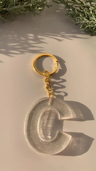 C Harfi Fosforlu Neon Yeşil Renk Parlak Simli Gold Aksesuarlı Anahtarlık El Yapımı Epoksi Hediyelik - 2