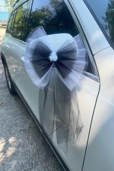 5 Adet Beyaz Siyah Kristal Tül Beyaz Latex Gül Kuyruk Detaylı Düğün Nikah Kına Sünnet Konvoy Süsü - 3