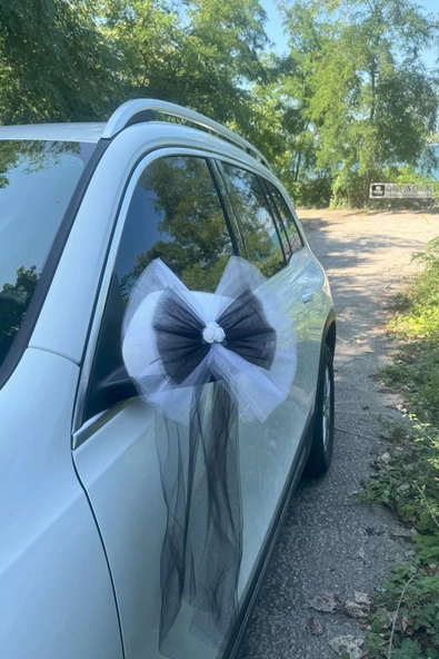 20 Adet Beyaz Siyah Kristal Tül Beyaz Latex Gül Kuyruk Detaylı Düğün Nikah Kına Sünnet Konvoy Süsü - 8