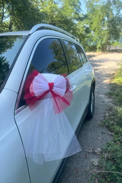 5 Adet Kırmızı Beyaz Kristal Tül Kırmızı Latex Gül Kuyruk Detaylı Düğün Nikah Kına Sünnet Konvoy Süsü - 2