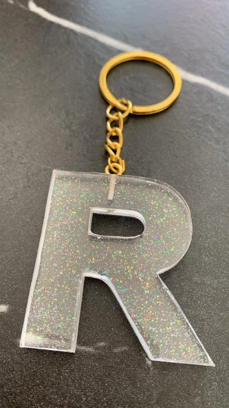 R Harfi Fosforlu Neon Yeşil Renk Parlak Simli Gold Aksesuarlı Anahtarlık El Yapımı Epoksi Hediyelik - Resim 3