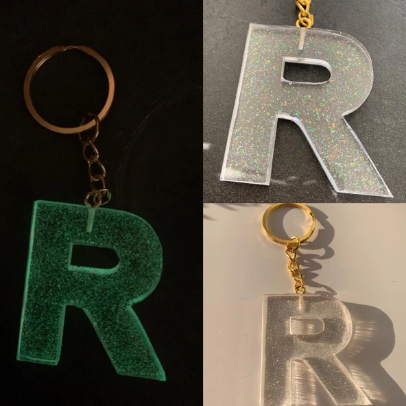 R Harfi Fosforlu Neon Yeşil Renk Parlak Simli Gold Aksesuarlı Anahtarlık El Yapımı Epoksi Hediyelik ürün görseli